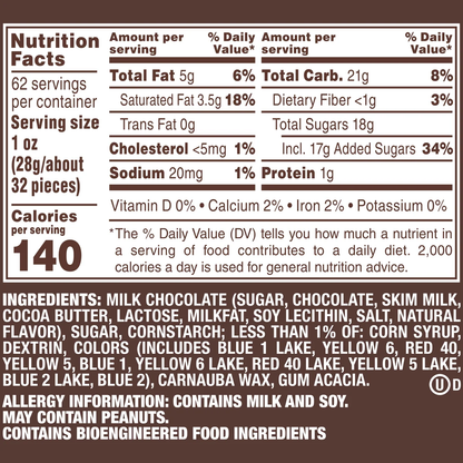 M&M'S Chocolate Candy, Milk Chocolate, 62 oz Jar