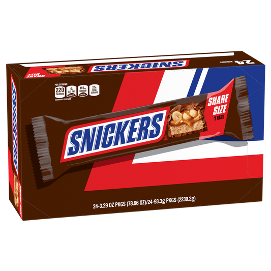 Snickers Chocolate Candy Bar, Share Size, 3.29 oz, 24 ct