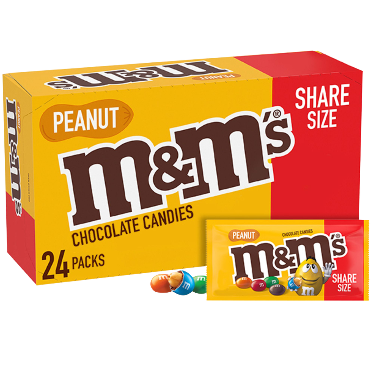 M&M'S Chocolate Candy, Peanut, Share Size, 3.27 oz, 24 ct
