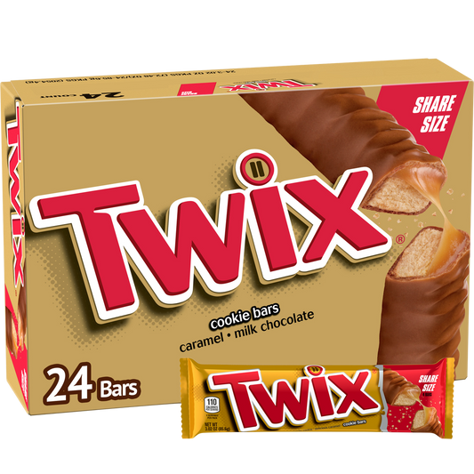 Twix Chocolate & Caramel Cookie Candy Bar, Share Size, 3.02 oz, 24 ct