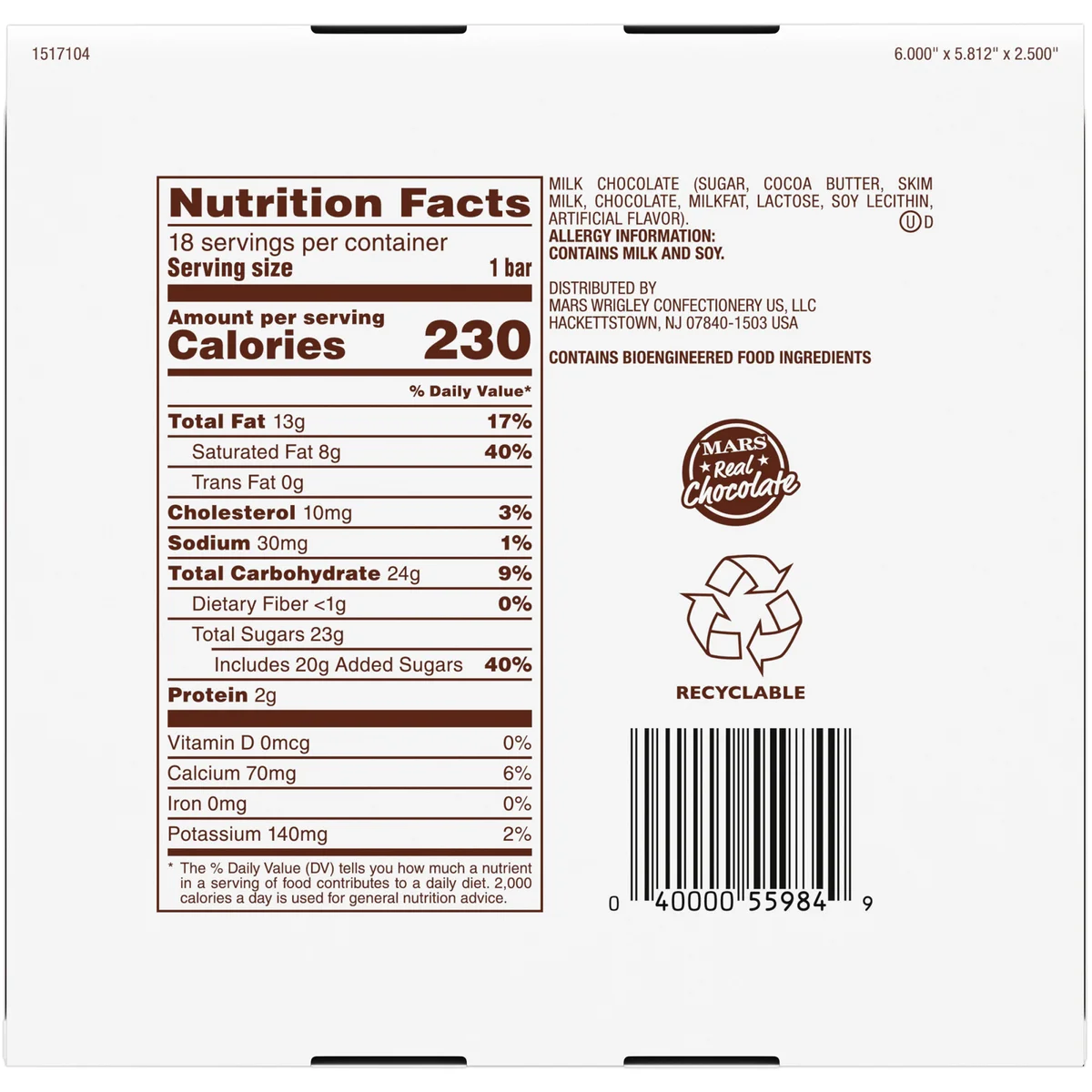 Dove Milk Chocolate Full Size Candy Bars, 1.44 oz, 18 ct