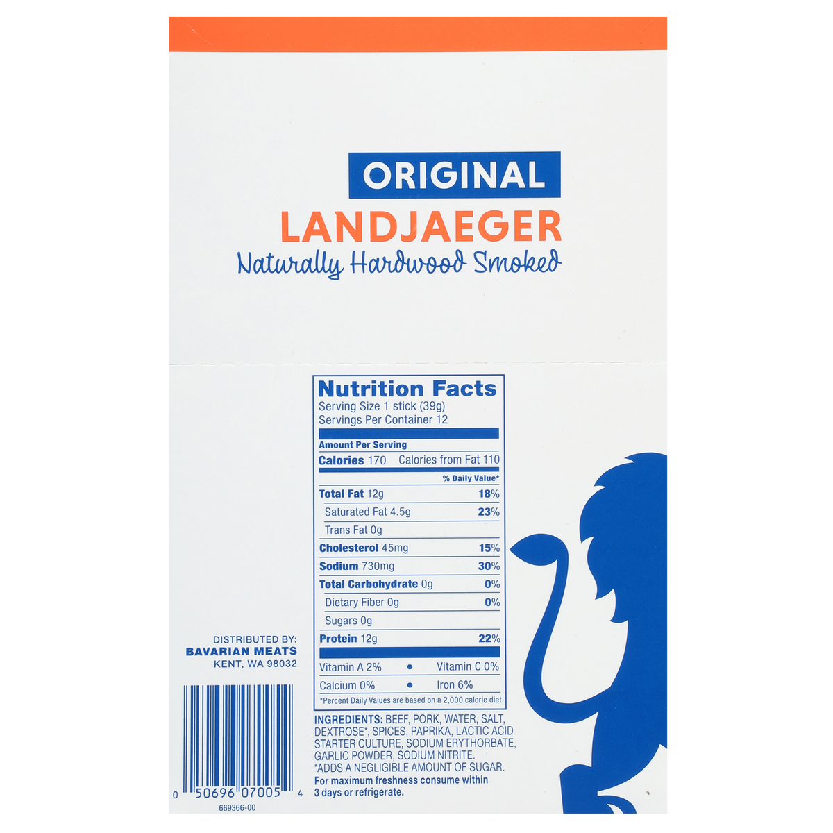 Bavarian Meats Landjaeger, Original, 2.75 oz, 6 ct