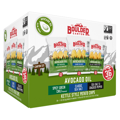 Boulder Canyon Avocado Oil Kettle Style Potato Chips, Variety Pack, 1 oz, 36 ct