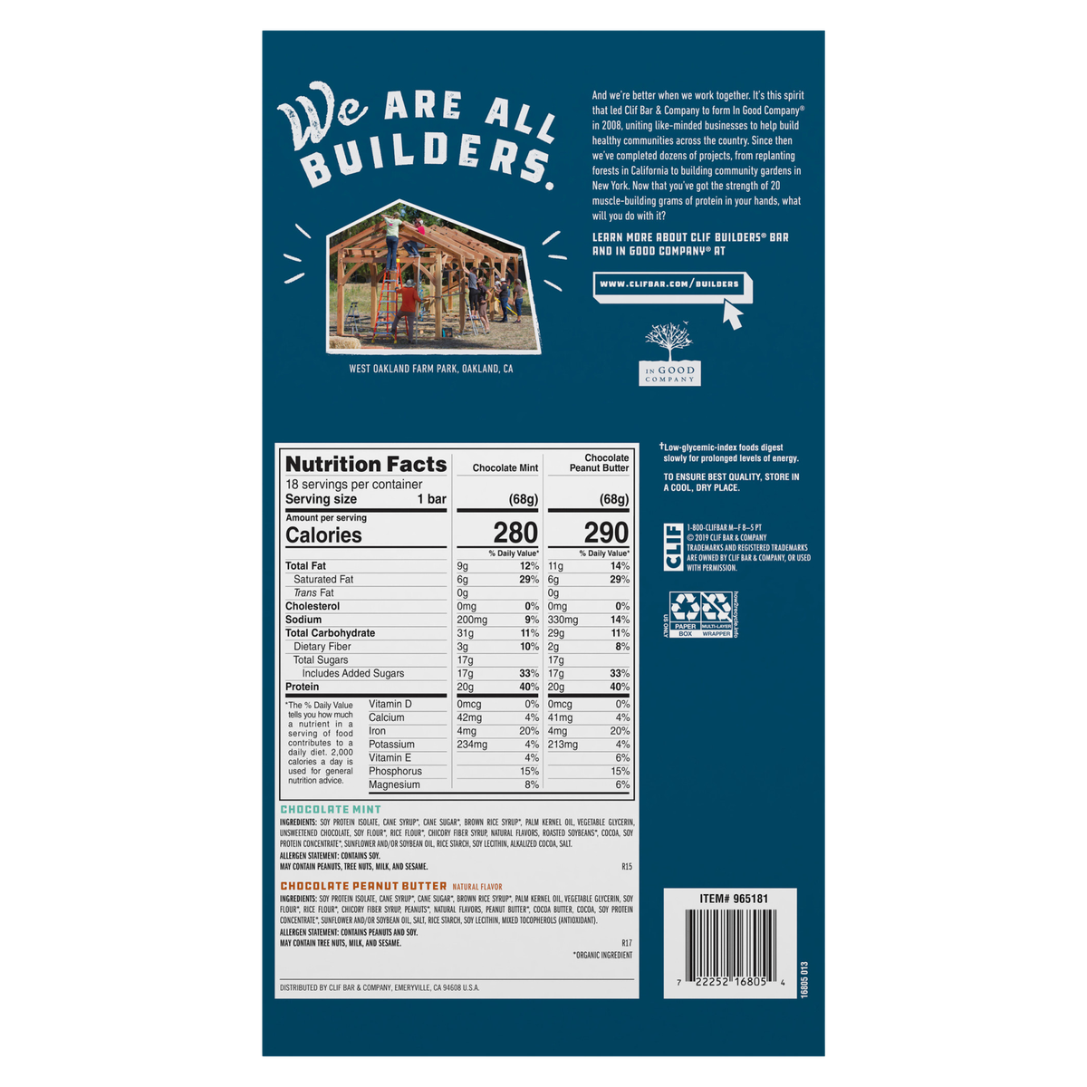 CLIF Builder's Protein Bar, 20g Protein, Variety Pack, 2.4 oz, 18 ct