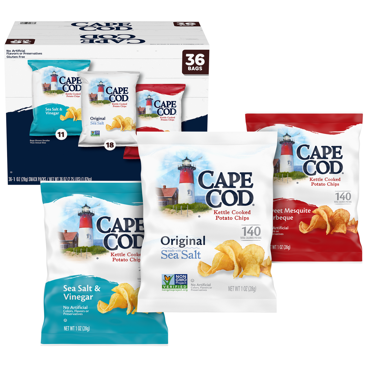 Cape Cod Kettle Cooked Potato Chips, Variety Pack, 1 oz, 36 ct