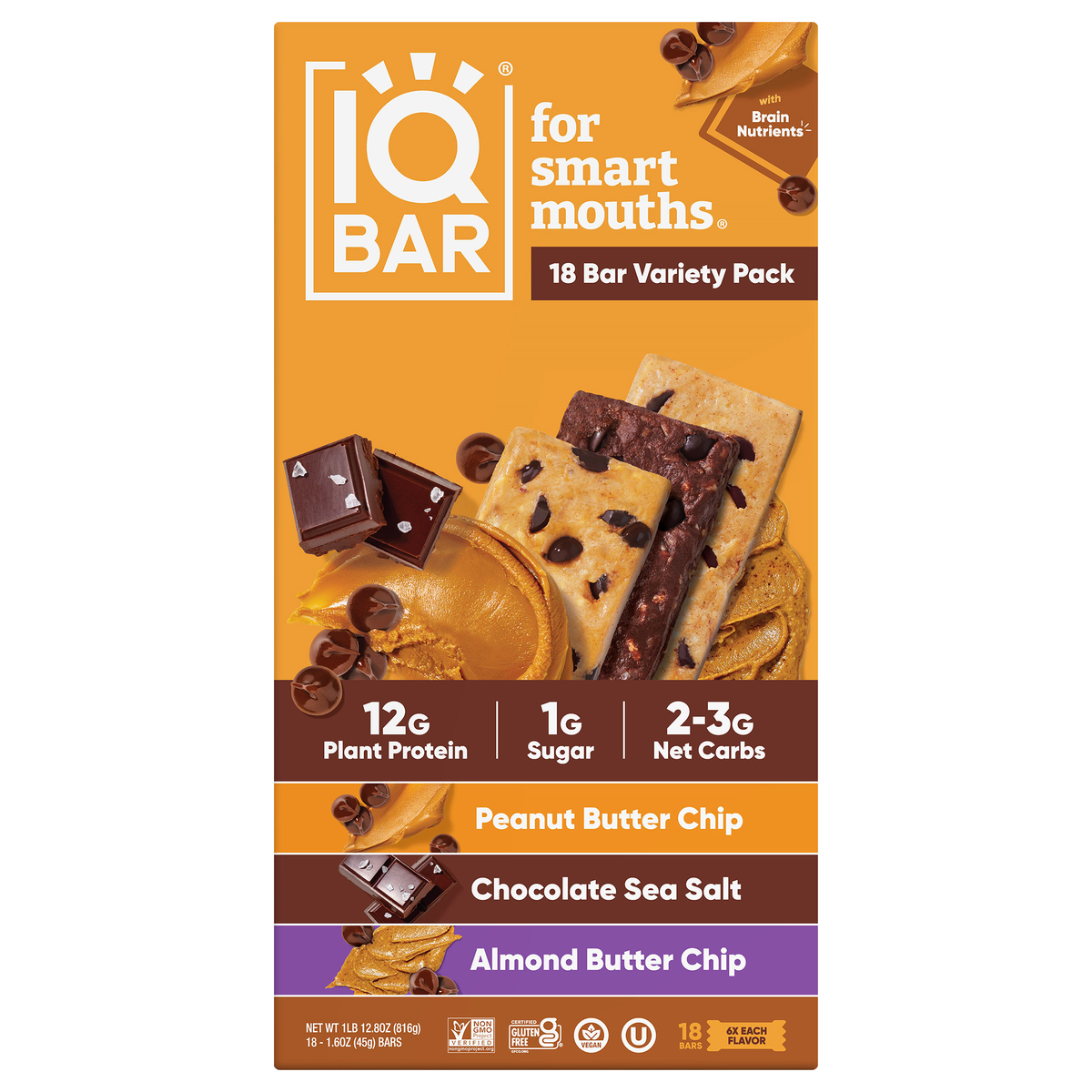 IQBAR Plant Protein Bar, Chocolate Lovers Variety Pack, 1.6 oz, 18 ct