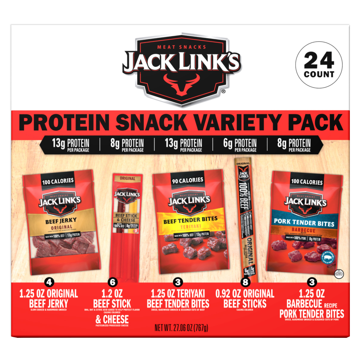 Jack Link's Protein Snack Box, Variety Pack, 24 ct