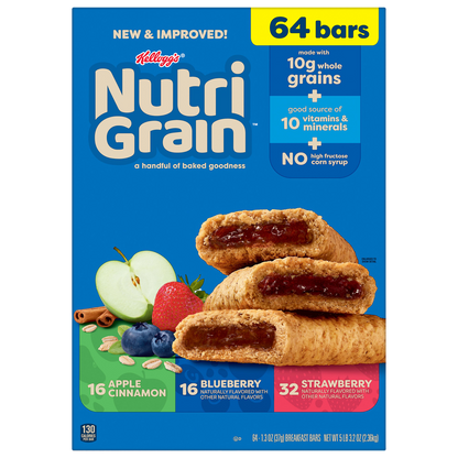 Kellogg's Nutri-Grain Breakfast Bars, Variety Pack, 1.3 oz, 64 ct