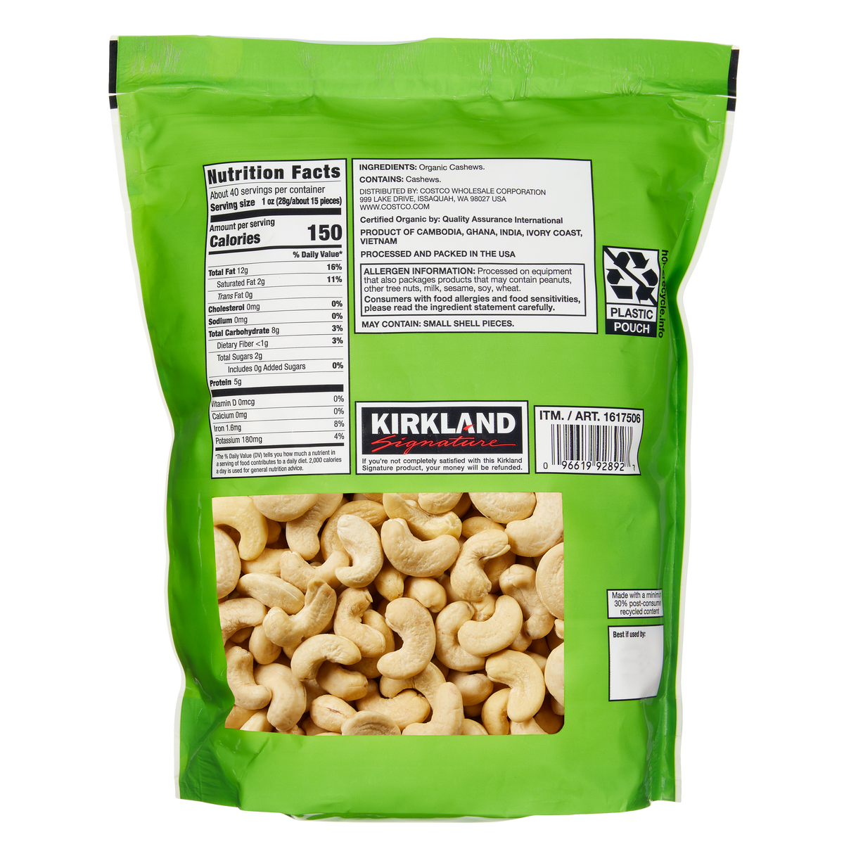 Kirkland Signature Organic Whole Cashews, Unsalted, Unroasted, 40 oz