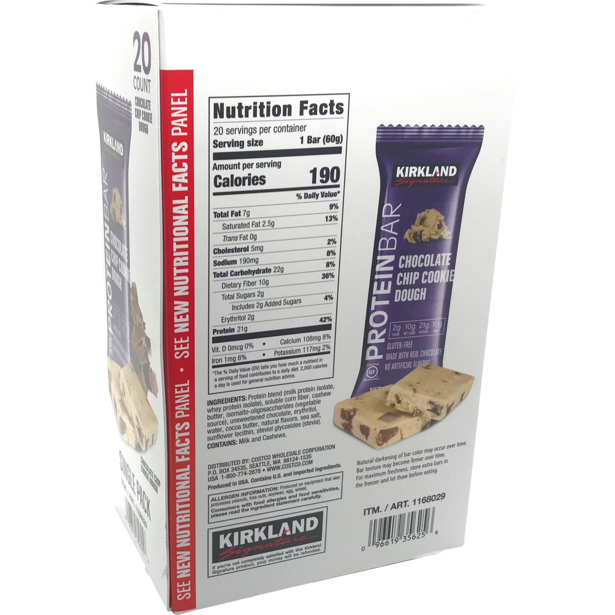 Kirkland Signature Protein Bar, 21g Protein, Chocolate Chip Cookie Dough, 2.12 oz, 20 ct