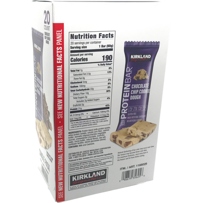 Kirkland Signature Protein Bar, 21g Protein, Chocolate Chip Cookie Dough, 2.12 oz, 20 ct