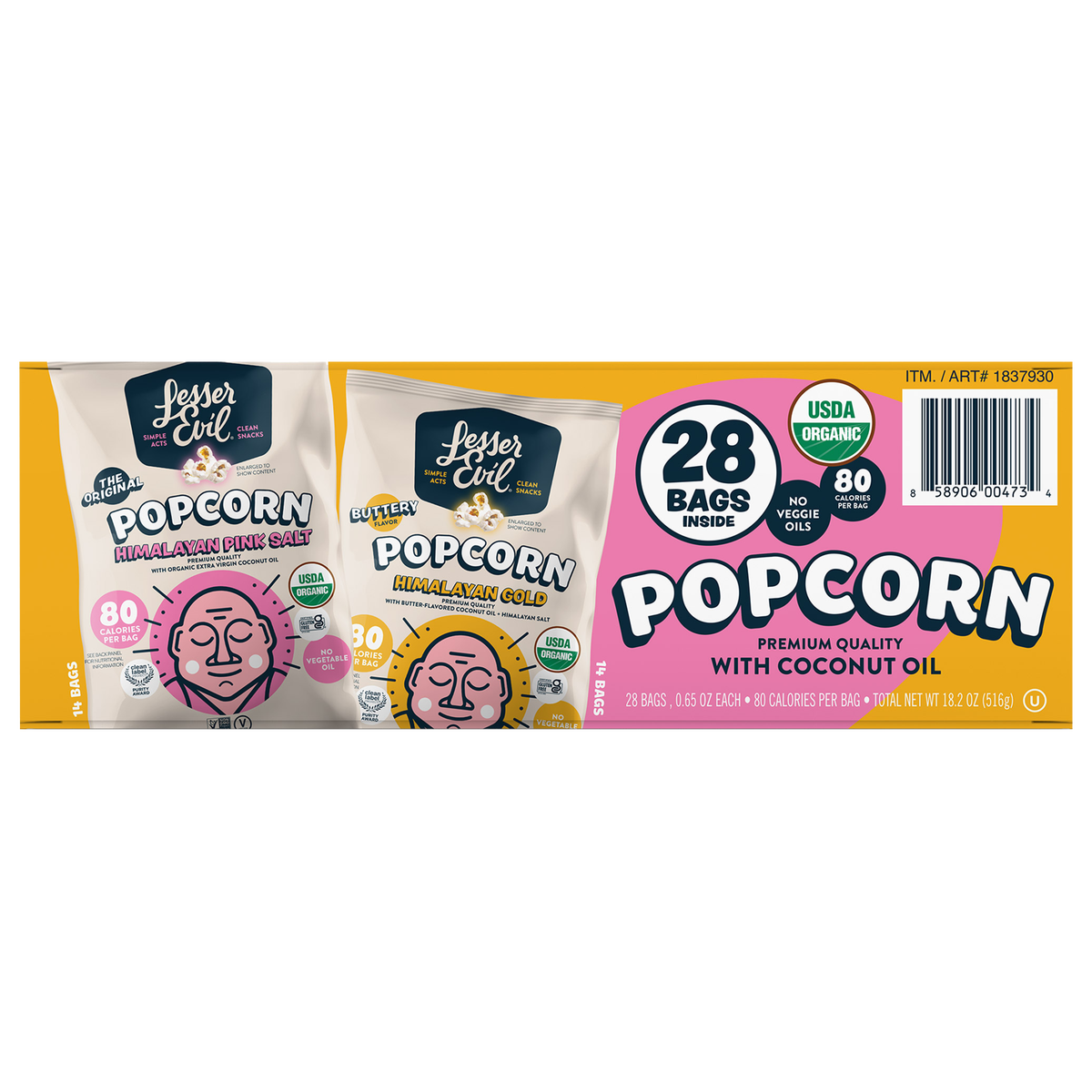 LesserEvil Organic Popcorn, Variety Pack, 0.65 oz, 28 ct