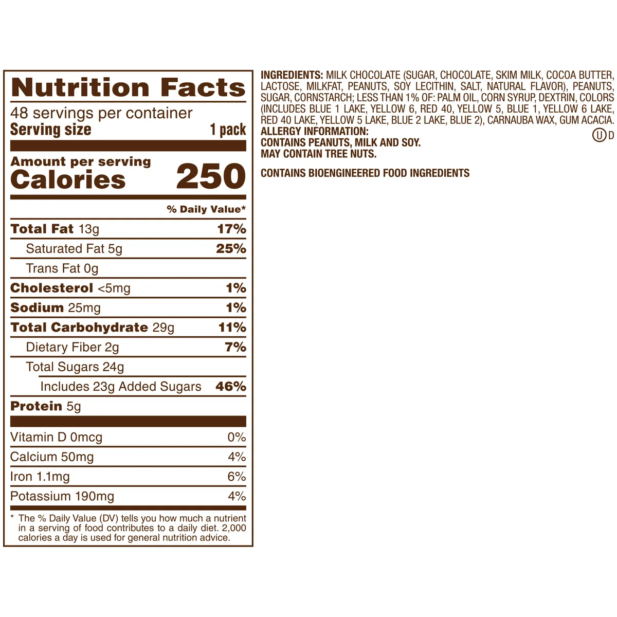 M&M'S Full Size Chocolate Candy, Peanut, 1.74 oz, 48 ct