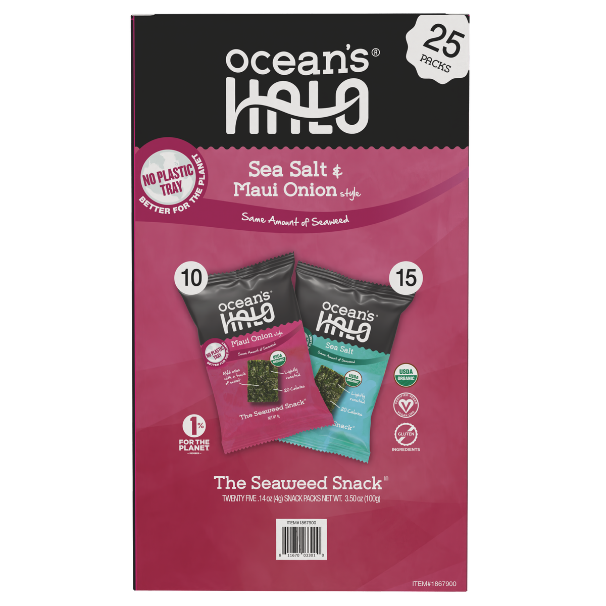 Ocean's Halo Organic Seaweed Snack, Maui Onion & Sea Salt, 0.14 oz, 25 ct