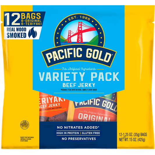 Pacific Gold Beef Jerky, Variety Pack, 1.25 oz, 12 ct