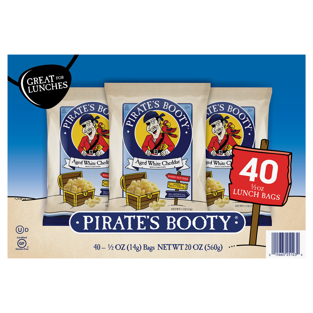 Pirate's Booty Rice and Corn Puffs, Aged White Cheddar, 0.5 oz, 40 ct