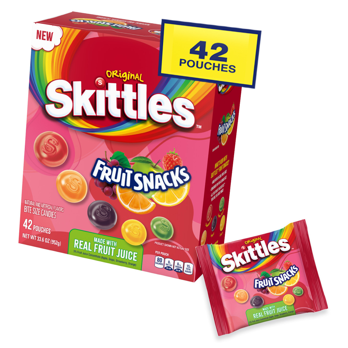 Skittles Fruit Snacks, Original, 0.8 oz, 42 ct