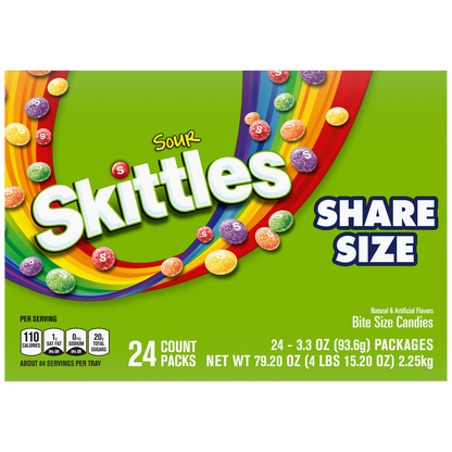 Skittles Sour Chewy Candy, Share Size, 3.3 oz, 24 ct