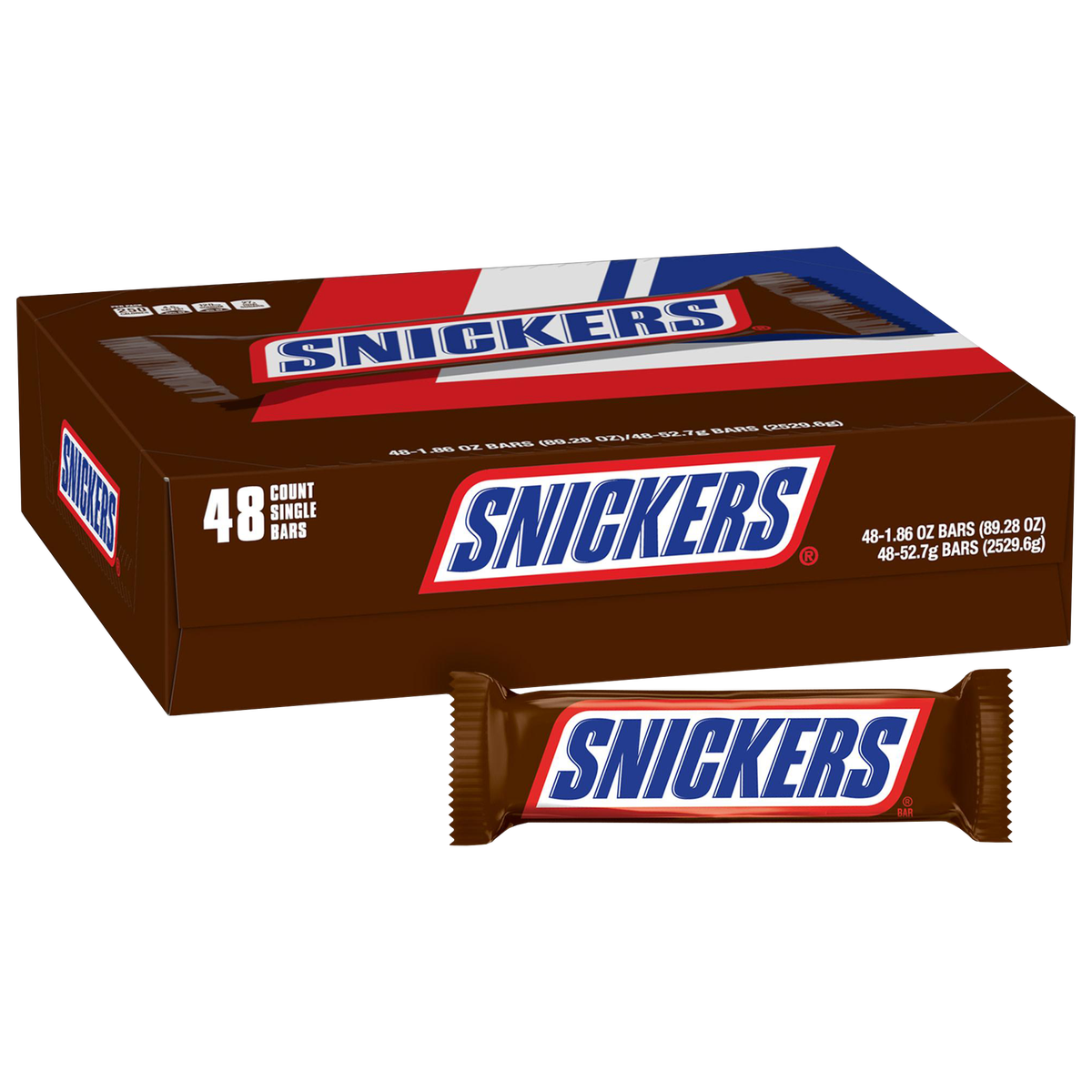 Snickers Peanut Chocolate Candy Bar, Full Size, 1.86 oz, 48 ct