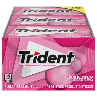 Trident Sugar Free Gum, Bubblegum, 14 Pieces, 15 ct
