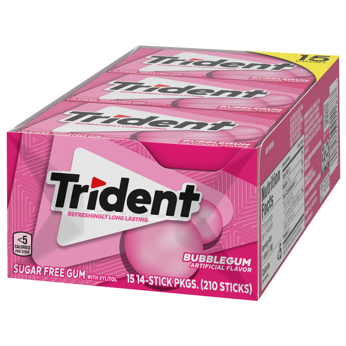 Trident Sugar Free Gum, Bubblegum, 14 Pieces, 15 ct