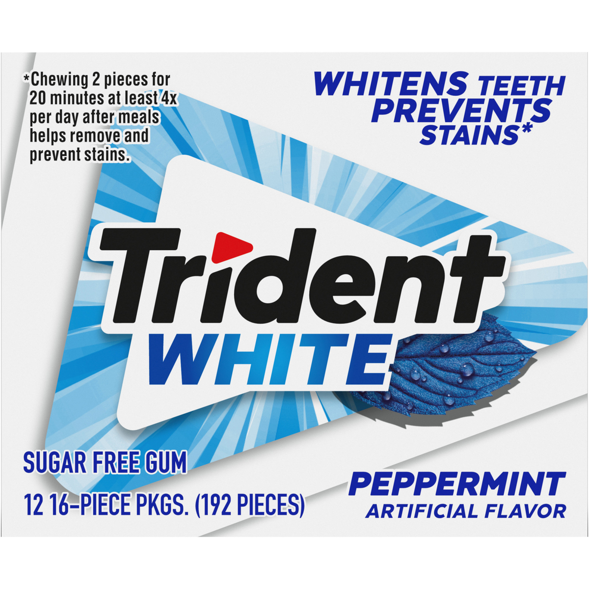 Trident White Sugar Free Gum, Peppermint, 16 Pieces, 12 ct