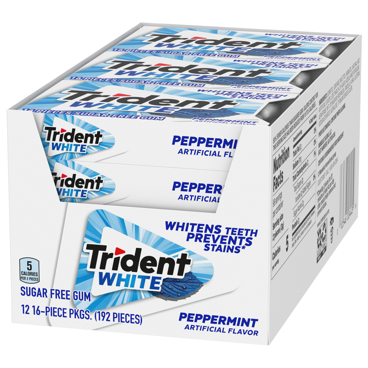 Trident White Sugar Free Gum, Peppermint, 16 Pieces, 12 ct