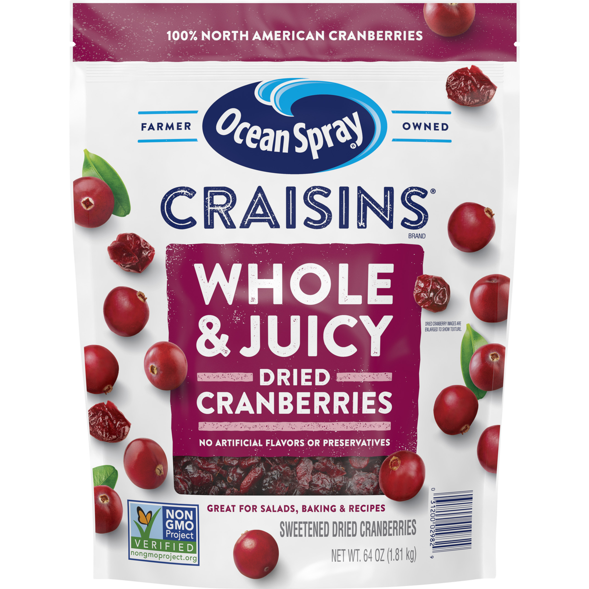 Ocean Spray Craisins, Whole Dried Cranberries, 64 oz