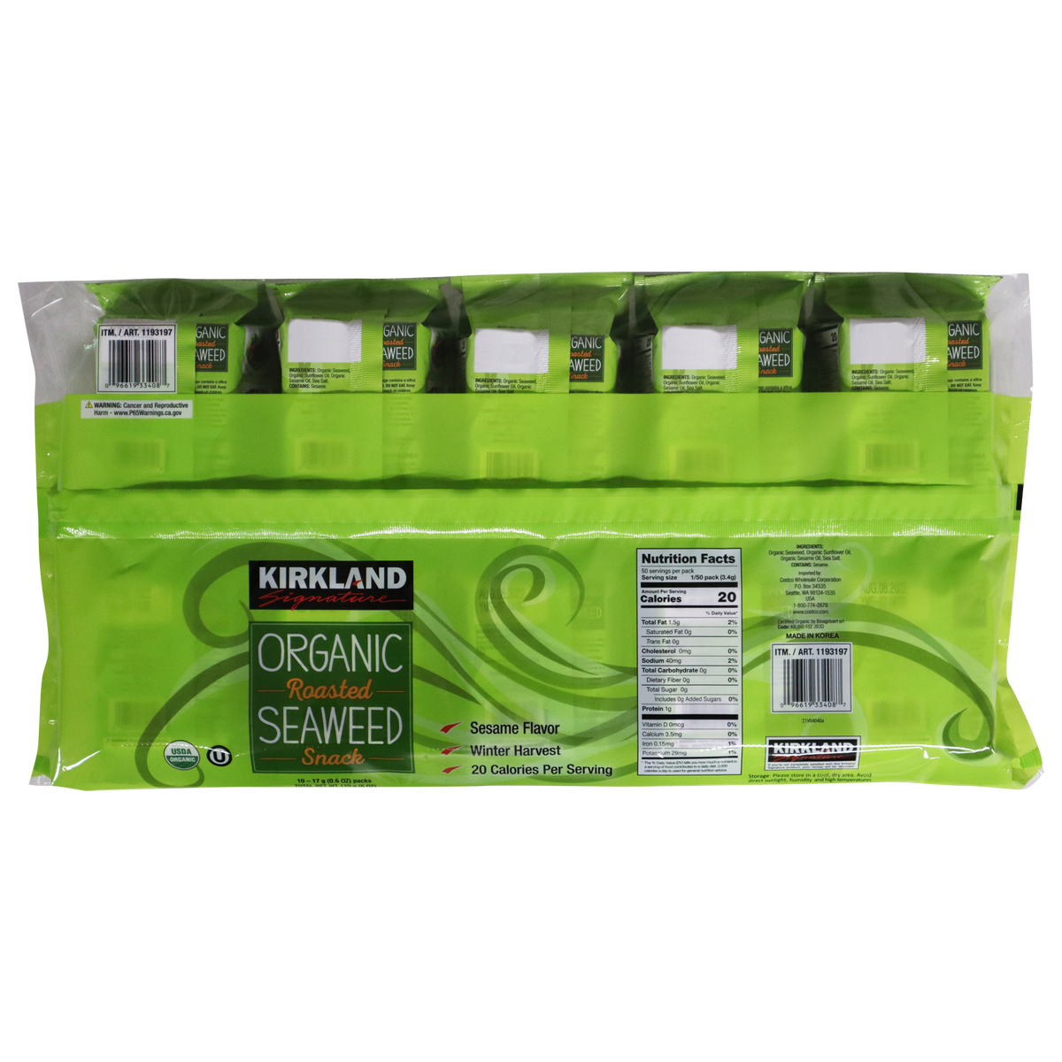 Kirkland Signature Organic Roasted Seaweed with Sesame Oil, 0.60 oz, 10 ct