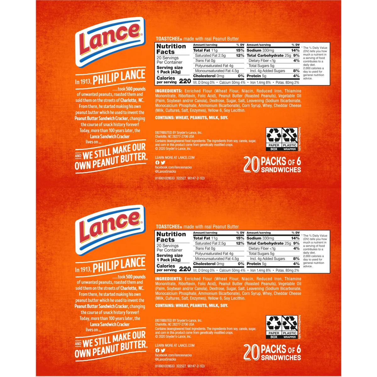 Lance ToastChee Sandwich Crackers, Peanut Butter, 1.5 oz, 40 ct