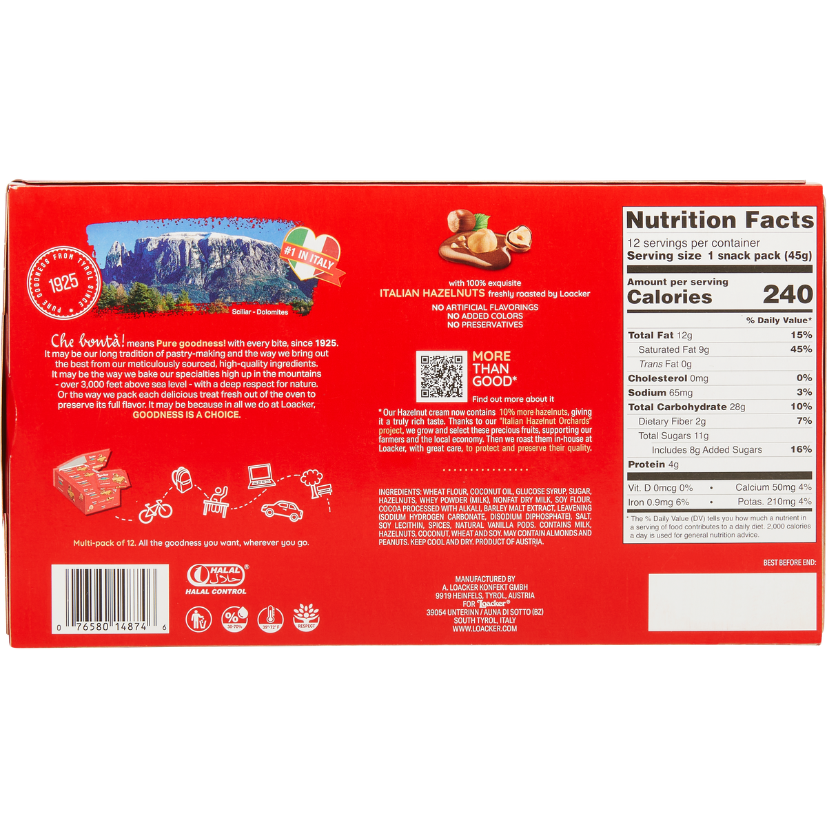 Loacker Classic Crispy Wafers, Hazelnut, 1.59 oz, 12 ct