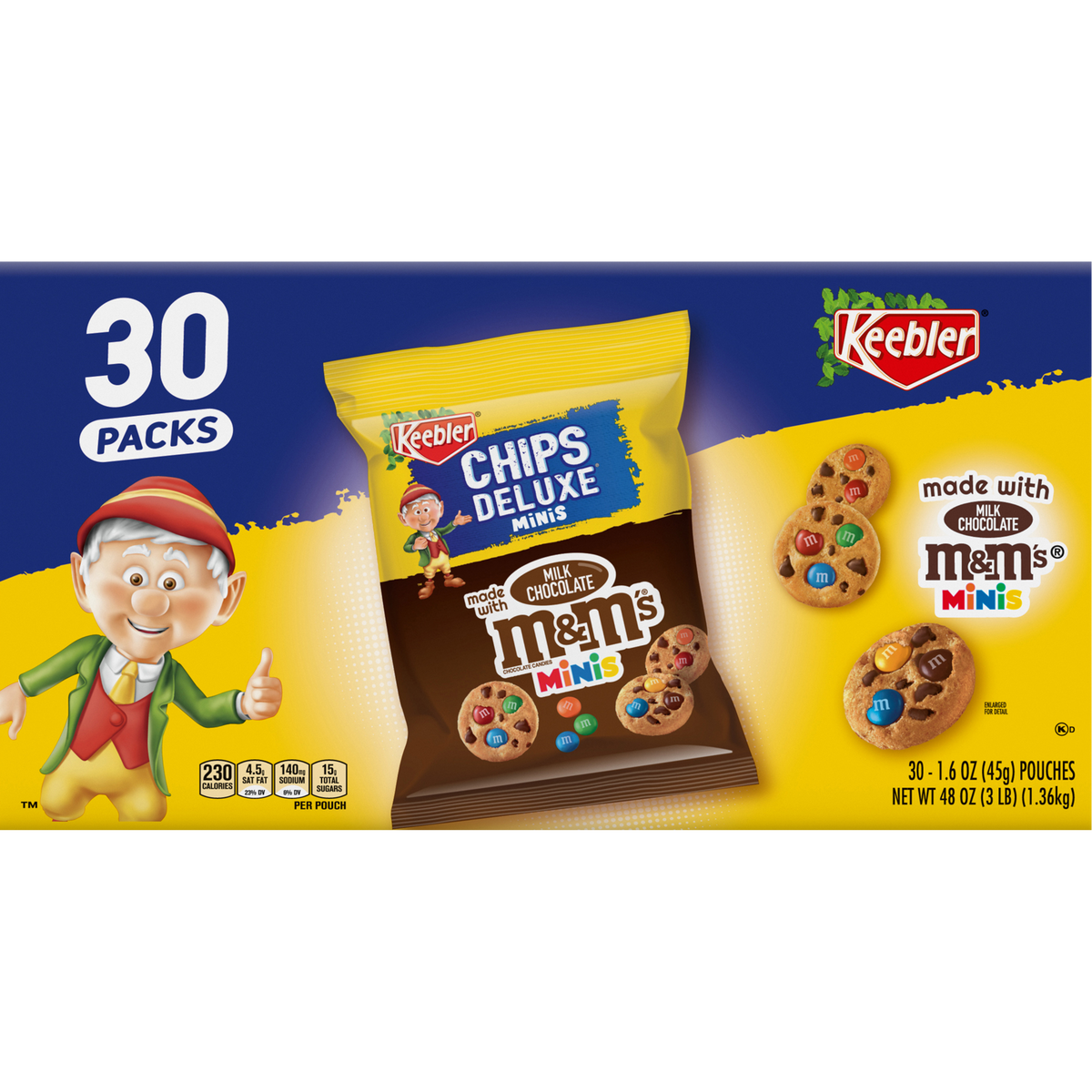 Keebler Chips Deluxe Bite-sized Cookies with Milk Chocolate M&M's, 1.6 oz, 30 ct