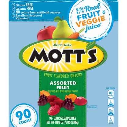 Mott's Fruit Flavored Snacks, Assorted Fruit, 0.8 oz, 90 ct