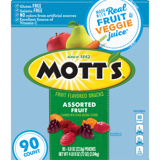 Mott's Fruit Flavored Snacks, Assorted Fruit, 0.8 oz, 90 ct