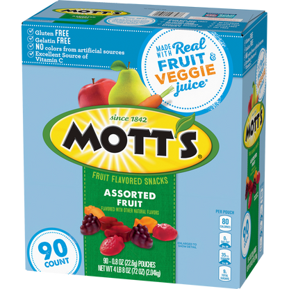 Mott's Fruit Flavored Snacks, Assorted Fruit, 0.8 oz, 90 ct