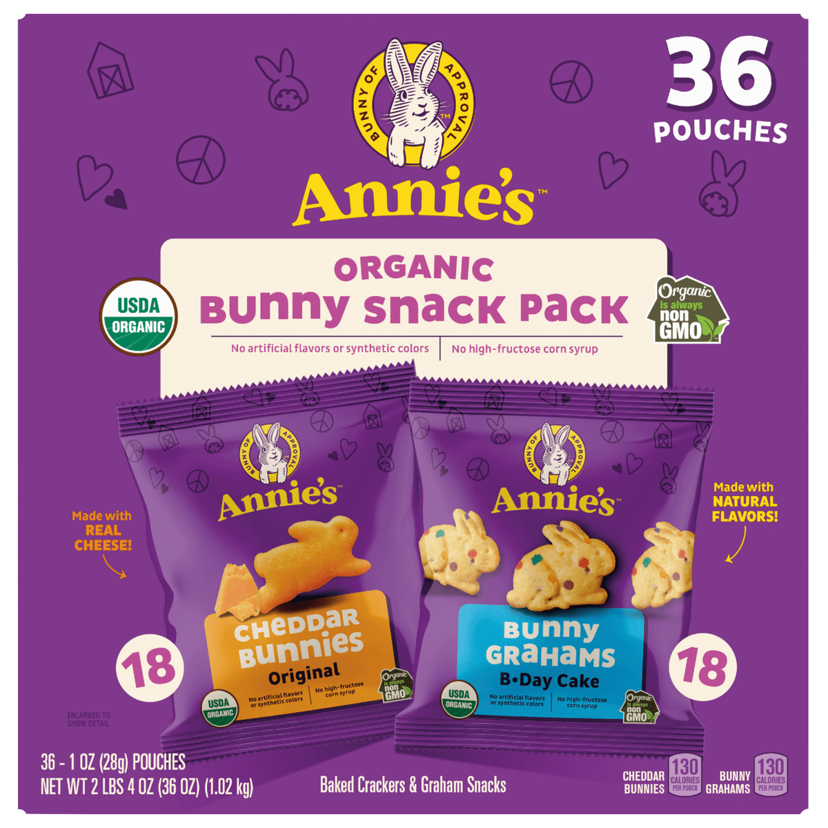 Annie's Organic Bunny Snack Pack Baked Crackers and Graham Snacks, Variety Pack, 1 oz, 36 ct