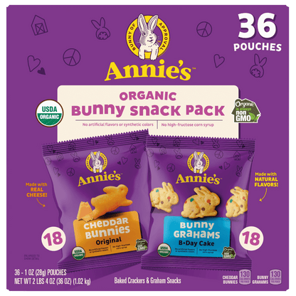 Annie's Organic Bunny Snack Pack Baked Crackers and Graham Snacks, Variety Pack, 1 oz, 36 ct
