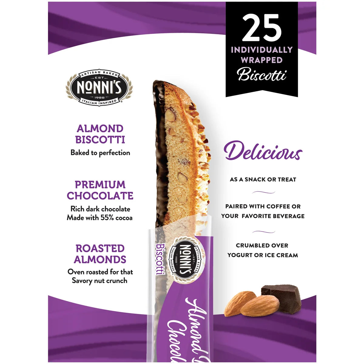 Nonni’s Biscotti, Almond Dark Chocolate, 25 ct