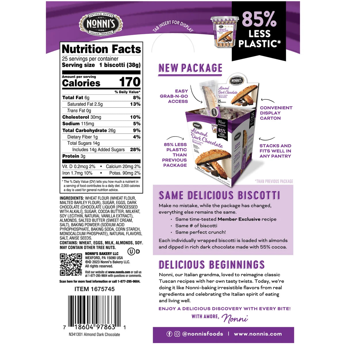 Nonni’s Biscotti, Almond Dark Chocolate, 25 ct